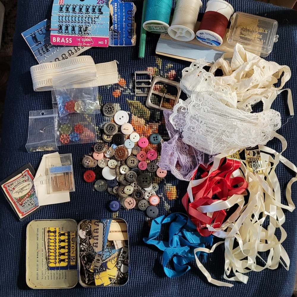 Vintage Sewing Assortment Bundle with Burlington Satin Ribbon